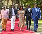 From left:  DP Rigathi Gachagua, President William Ruto,  Governor Susan Kihika, CSs Ababu Namwamba & Ezekiel Machogu at the Kenya Music Festival Winners' State Concert, State House, Nakuru.
