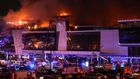 A giant blaze is seen over Crocus City Hall in Moscow after several gunmen burst into a concert hall and fired at the crowd on Friday, March 22, 2024 [Courtesy]