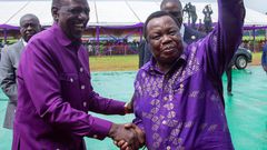 President William Ruto with COTU Secretary-General Francis Atwoli at Uhuru Gardens during the 2024 Labour Day celebrations
