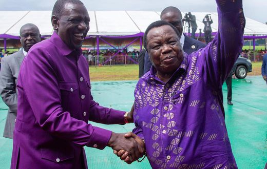 President William Ruto with COTU Secretary-General Francis Atwoli at Uhuru Gardens during the 2024 Labour Day celebrations