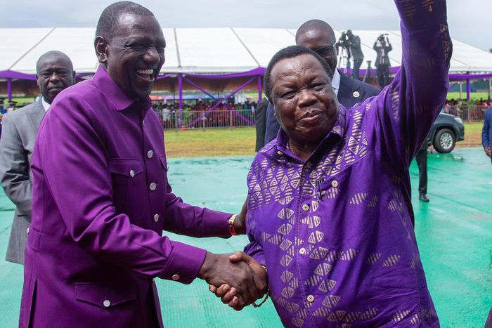 President William Ruto with COTU Secretary-General Francis Atwoli at Uhuru Gardens during the 2024 Labour Day celebrations