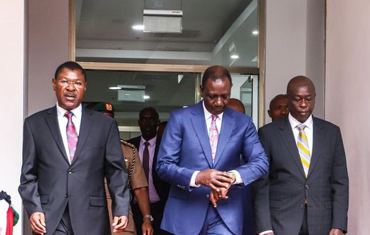 President William Ruto, National Assembly Speaker Moses Wetangula and Deputy President Rigathi Gachagua during a tour of Bunge Towers on April 25, 2024