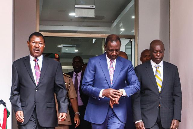 President William Ruto, National Assembly Speaker Moses Wetangula and Deputy President Rigathi Gachagua during a tour of Bunge Towers on April 25, 2024