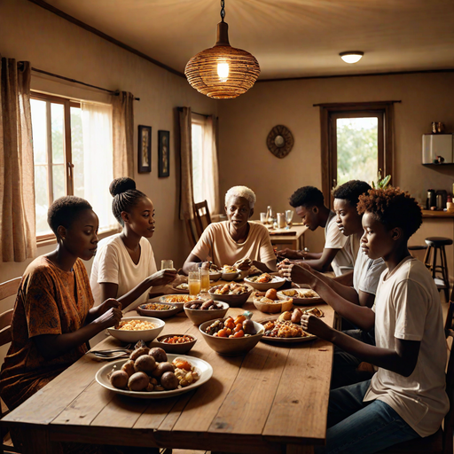 An AI-generated image showing people eating in an African home (Chatpot.ai)