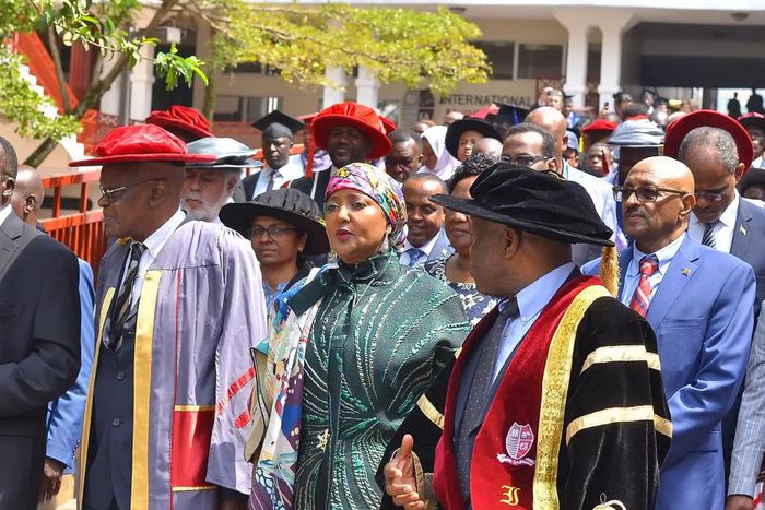 Former CS Amina Mohamed during her installation as Chancellor of the International University of East Africa in Kampala, Uganda