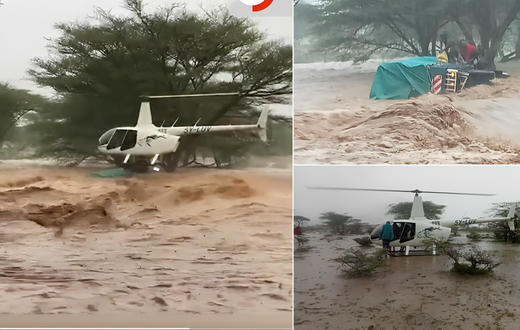 A Robinson R66 Turbine helicopter swooped in with daring precision to rescue the occupants of a lorry that was mercilessly washed away by floodwaters in Lerata, Samburu county on November 2, 2023