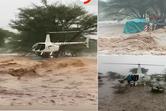 A Robinson R66 Turbine helicopter swooped in with daring precision to rescue the occupants of a lorry that was mercilessly washed away by floodwaters in Lerata, Samburu county on November 2, 2023