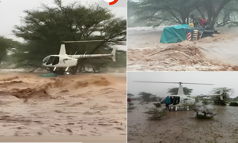 A Robinson R66 Turbine helicopter swooped in with daring precision to rescue the occupants of a lorry that was mercilessly washed away by floodwaters in Lerata, Samburu county on November 2, 2023