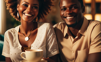 An AI-generated mage of happy African couple at home
