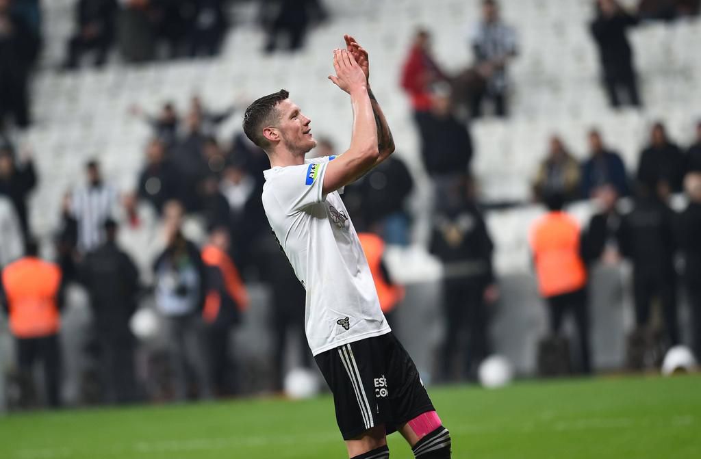 Wout Weghorst of Besiktas celebrates victory with Besiktas fans after the Turkish Superleague match between Besiktas and Kasimpasa SK at Vodafone Park in Istanbul, Turkey on January 7, 2023.