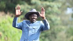 President William Ruto greets a crowd during his working tour of Mt Kenya region