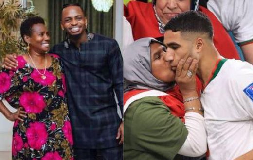 A collage image Diamond Platnumz and his mother Achraf Hakimi and his mother