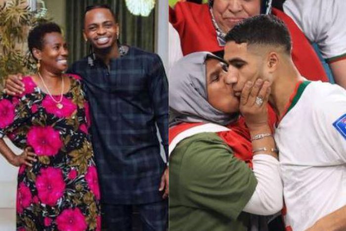 A collage image Diamond Platnumz and his mother Achraf Hakimi and his mother