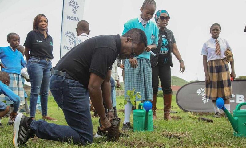 Mr John Gachora, Group Managing Director of NCBA plants a tree on World Environment Day