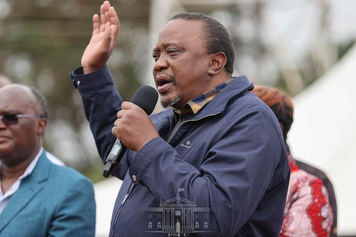President Uhuru Kenyatta addresses a roadside gathering on August 6, 2022 after a one-day working tour of the Central region where he inspected and commissioned several development projects in Murang'a and Nyeri counties
