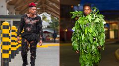 Kenyan comedian Eric Omondi in a hair suit and a camouflage leaf suit