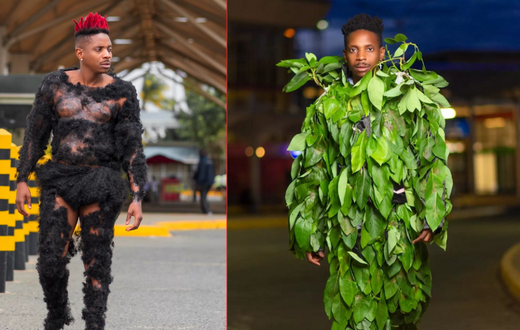 Kenyan comedian Eric Omondi in a hair suit and a camouflage leaf suit