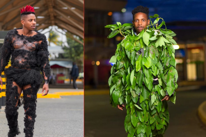 Kenyan comedian Eric Omondi in a hair suit and a camouflage leaf suit