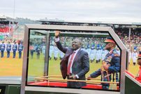 President William Ruto acknowledging greetings from the crowd during Mashujaa Day celebrations in Kericho