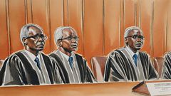 An illustration of a panel of 3 judges during a court case