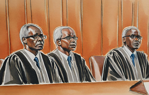 An illustration of a panel of 3 judges during a court case