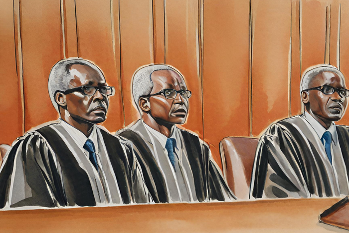 An illustration of a panel of 3 judges during a court case
