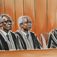 An illustration of a panel of 3 judges during a court case