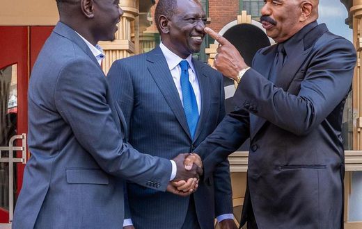 Comedian Eddie Butita, President William Ruto and Steve Harvey at the Tyler Perry studios during  President William Ruto's State Visit to the U.S