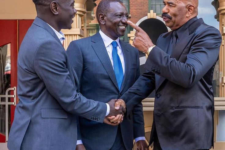 Comedian Eddie Butita, President William Ruto and Steve Harvey at the Tyler Perry studios during  President William Ruto's State Visit to the U.S