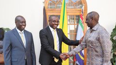 President William Ruto greets UDA Sec Gen Cleophas Malala as Deputy President Rigathi Gahchagua looks on at State House, Nairobi