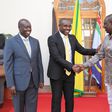 President William Ruto greets UDA Sec Gen Cleophas Malala as Deputy President Rigathi Gahchagua looks on at State House, Nairobi