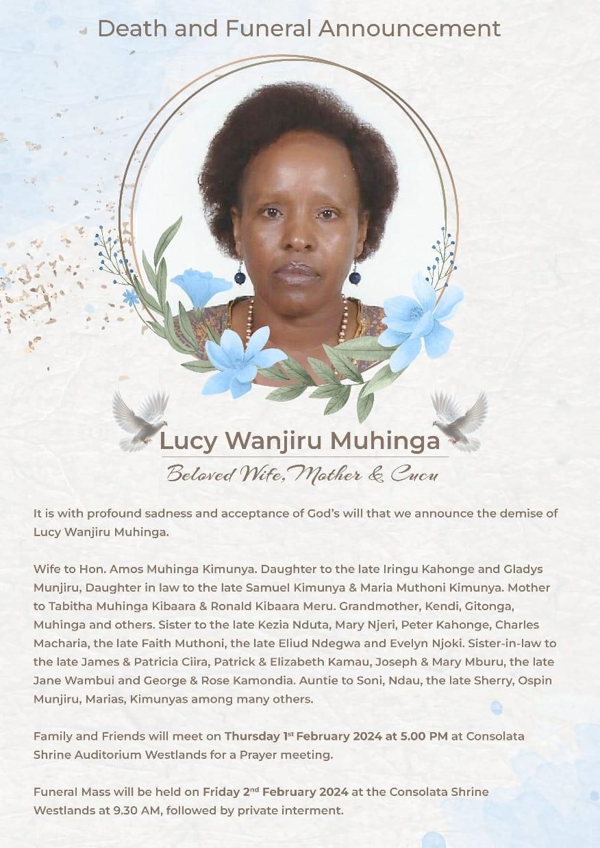 The family of former Kipipiri MP Amos Kimunya held a church service in Nairobi to celebrate the life of his late wife, Lucy Wanjiru Muhinga on Friday, February 2, 2024