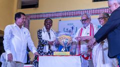 First Lady Rachel Ruto receiving the KISS Humanitarian award