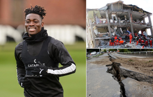 Christian Atsu and photos displaying the impact of the earthquake in Turkey.