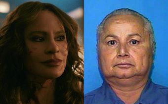 Sofia Vergara as Griselda Blanco, left; right, the real-life Griselda Blanco in an undated photo from the Florida Dept. of Corrections.Netflix; Fla. Dept. of Corrections/Associated Press