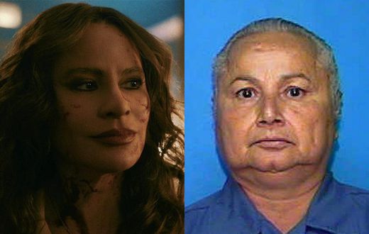 Sofia Vergara as Griselda Blanco, left; right, the real-life Griselda Blanco in an undated photo from the Florida Dept. of Corrections.Netflix; Fla. Dept. of Corrections/Associated Press