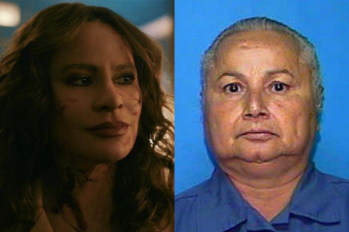Sofia Vergara as Griselda Blanco, left; right, the real-life Griselda Blanco in an undated photo from the Florida Dept. of Corrections.Netflix; Fla. Dept. of Corrections/Associated Press