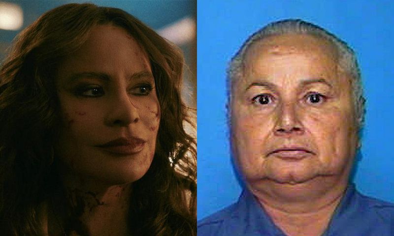 Sofia Vergara as Griselda Blanco, left; right, the real-life Griselda Blanco in an undated photo from the Florida Dept. of Corrections.Netflix; Fla. Dept. of Corrections/Associated Press