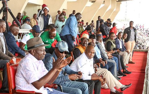 President William Ruto watches a match between Gor Mahia and AFC Leopards during the 96th Mashemeji Derby played at Nyayo Stadium on Sunday, May 14, 2023