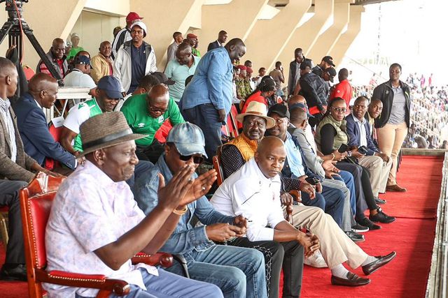 President William Ruto watches a match between Gor Mahia and AFC Leopards during the 96th Mashemeji Derby played at Nyayo Stadium on Sunday, May 14, 2023
