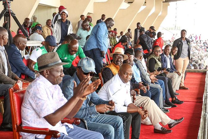 President William Ruto watches a match between Gor Mahia and AFC Leopards during the 96th Mashemeji Derby played at Nyayo Stadium on Sunday, May 14, 2023