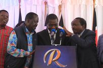 File image of National Assembly Minority Leader Opiyo Wandayi flanked by Azimio la Umoja One Kenya Alliance leaders Raila Odinga and Kalonzo Musyoka at a past press conference at the SKM Command Centre on November 29, 2022