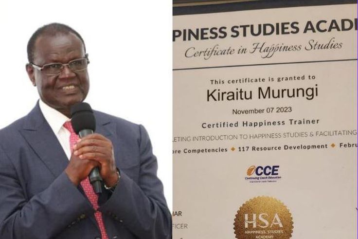 A collage image of Kiraitu Murungi and his certificate in Happiness Studies