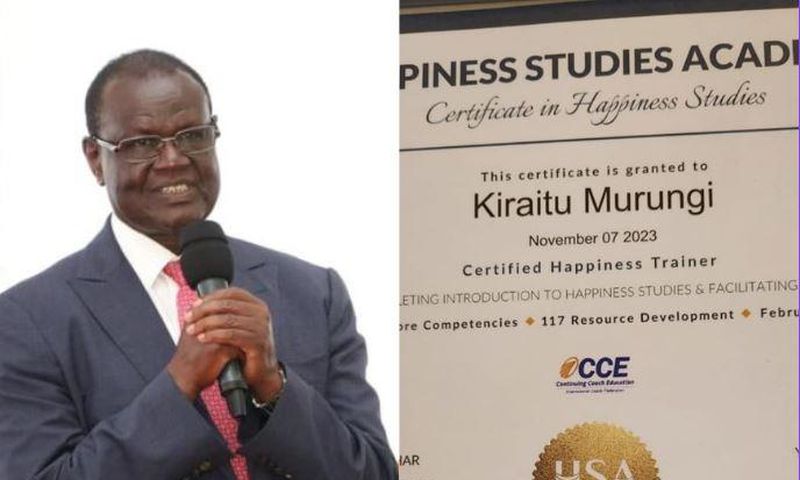 A collage image of Kiraitu Murungi and his certificate in Happiness Studies