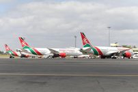 A picture taken on August 1, 2020 shows Kenya Airways planes parked at the parking bay at the Jomo Kenyatta international airport in Nairobi as Kenya Airways airline resumed flights to Britain after flights had been canceled during the COVID-19 (novel coronavirus) pandemic outbreak. (Photo by SIMON MAINA/AFP via Getty Images)