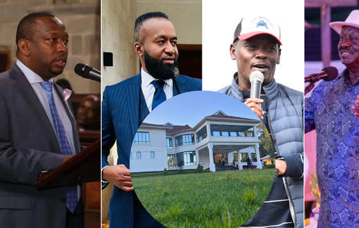 From left: Mike Sonko, Hassan Joho, William Kabogo and Raila Odinga. Upfront is Cleo Malala,s mansion.