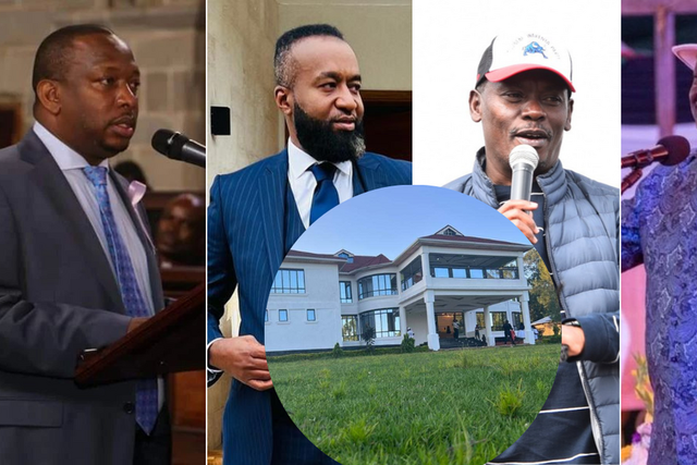 From left: Mike Sonko, Hassan Joho, William Kabogo and Raila Odinga. Upfront is Cleo Malala,s mansion.