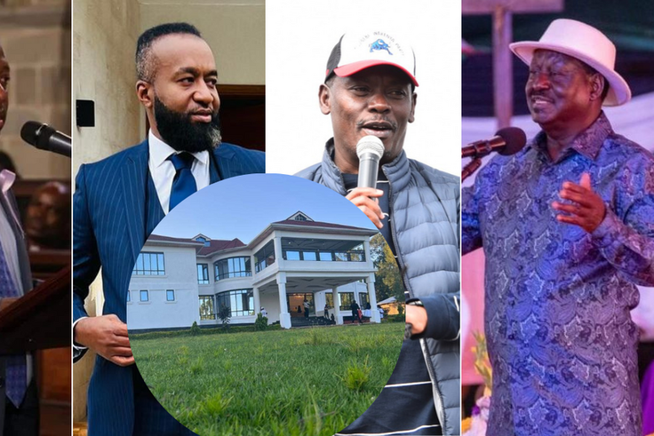 From left: Mike Sonko, Hassan Joho, William Kabogo and Raila Odinga. Upfront is Cleo Malala,s mansion.