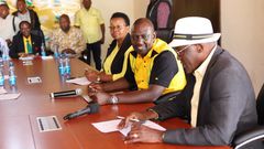 File image of President William Ruto, Veronica Maina and Johnstone Muthana on March 12, 2022 when they interviewed Ruto  for the UDA presidential candidate slot. Kenya Kwanza alliance affiliate parties have decried alleged betrayal and unmet promises t...