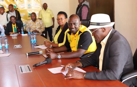 File image of President William Ruto, Veronica Maina and Johnstone Muthana on March 12, 2022 when they interviewed Ruto  for the UDA presidential candidate slot. Kenya Kwanza alliance affiliate parties have decried alleged betrayal and unmet promises t...